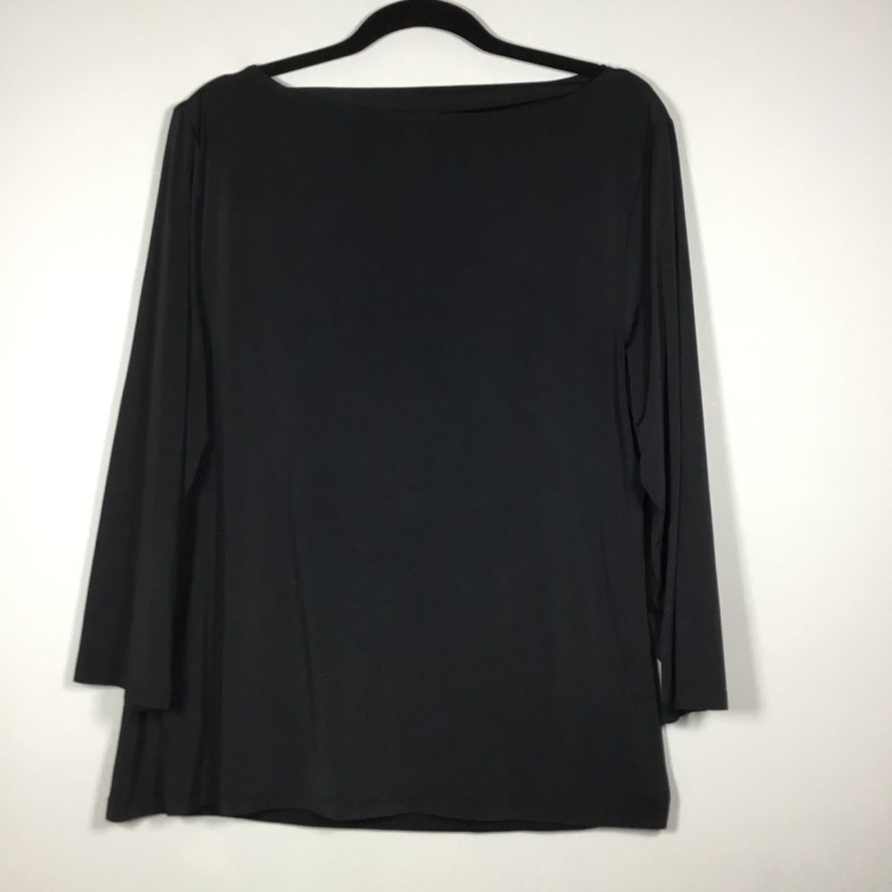 Classic solid black shiny soft long sleeve top boatneck and gathered shoulder L